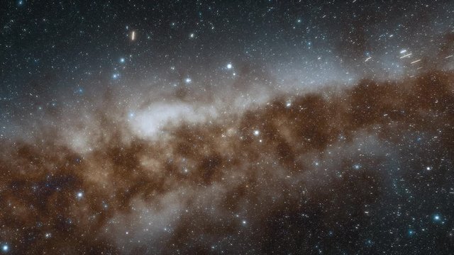 Spaceship flies at the speed of light through a galaxy in space. Billions of stars in the Milky Way galaxy. Beautiful clusters of stars.4k animation. 