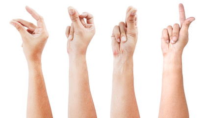 GROUP of Male asian hand gestures isolated over the white background. SNAP ACTON.