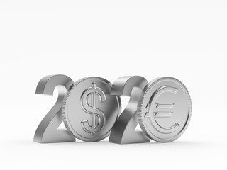 Silver 2020 New Year and coins with EURO and DOLLAR signs isolated on a white background. 3D illustration