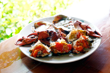 Steamed sea crab on a wooden table