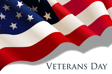 Veterans Day holiday banner with realistic American Flag. Vector illustration