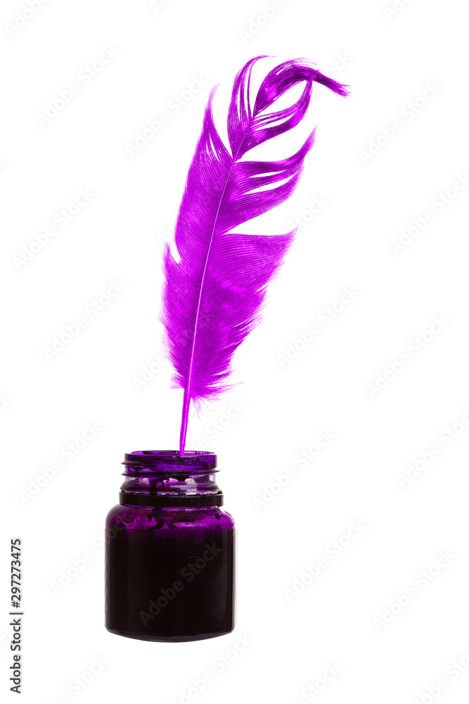 Poster inkwell with a feather of violet color. isolated on white background