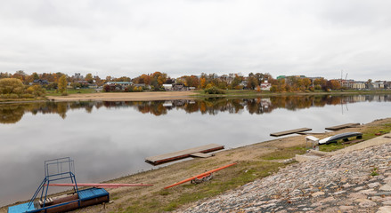 Naklejka premium Banks of the Velikaya river. Sports base rowers. Pskov, Russia