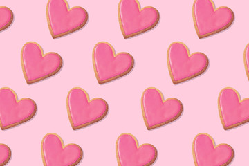 Background pattern of Heart shaped cookie. Top view
