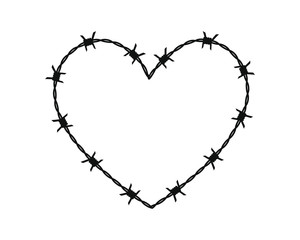 Barbed wire black silhouette frame heart. Vector illustration image. Isolated on white background.