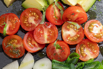 Avocado. Tomato. Meal. Food. Spring. Onion. Salad