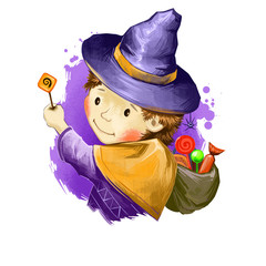 Male child wizard cute hat with bag full of sweets and magic wand. Boy celebrating halloween with treats. Trick or Treat concept. Happy Halloween digital poster isolated on white background banner