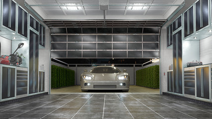 Garage interior with sectional doors. 3d illustration - obrazy, fototapety, plakaty