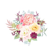 Floral decor with flowers roses, peony, dahlia, leaves and branches. Vector invite card on white background, wedding template.