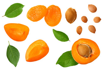apricot fruits with slices and green leaf isolated on white background. top view