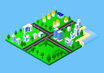Infographic Isometric 3D ciyt Model Vector Illustration, 3D high-rise matrix illustration of a city consisting of houses, buildings, trees, and streets.