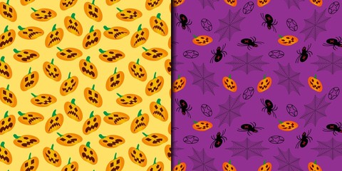 Halloween isometric flat pumpkins seamless pattern set. Vector illustrations. All patterns in a swatches panel.