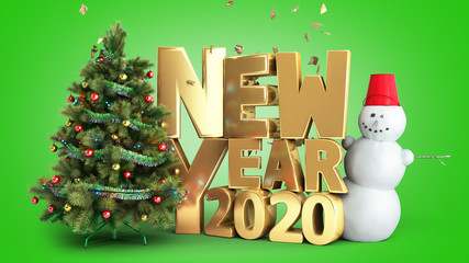 new year 2020 Christmas tree background 3d render on green gradient