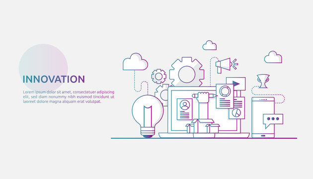 brainstorming innovation idea process and creative thinking concept with light bulb lamp for start up business project. illustration for web landing page, banner, presentation, social media, print