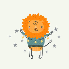 Merry Christmas and Happy New year! Leo with garland. Funny lion in Scandinavian style. Greeting Hand drawn card. Funny cartoon character for kids.