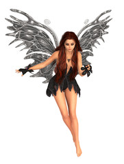 Black fairy with gray wings and long hair. Isolated on white. 3D rendering.