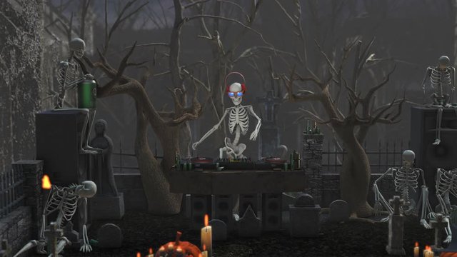 Seamless animation of a skeleton dijing with turntables in a cemetery at night. Funny halloween background.