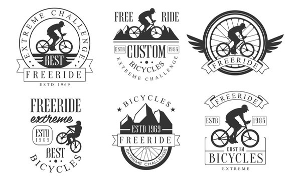 Extreme Freeride Retro Logo Templates Set, Bicycles Extreme Challenge Badges Vector Illustration