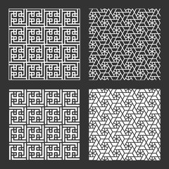 Set geometric asian abstract seamless vector pattern including traditional korean or chinese motive with typical lines and elements