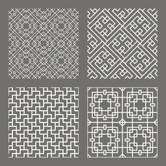 Set geometric asian abstract seamless vector pattern including traditional korean or chinese motive with typical lines and elements