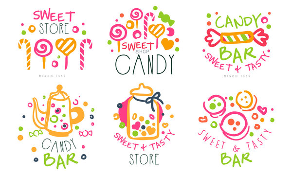 Sweet Store Logo Templates Set, Candy Shop Bright Hand Drawn Badges Vector Illustration