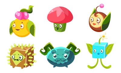 Obraz na płótnie Canvas Cute Funny Monsters Set, Fantasy Plants Characters, Mobile or Computer Game User Interface Assets Vector Illustration