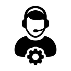 Service industry icon vector male business customer support person profile avatar with headphone and gear cogwheel for online assistant in a glyph pictogram illustration