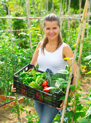 Happy woman  with basket of fresh vegetables during harvesting