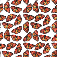Pattern with Monarch Butterflies on white background