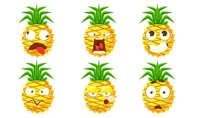 Naklejka premium Funny Pineapple Character Set, Cute Tropical Fruit Emojis with Various Facial Expressions Vector Illustration