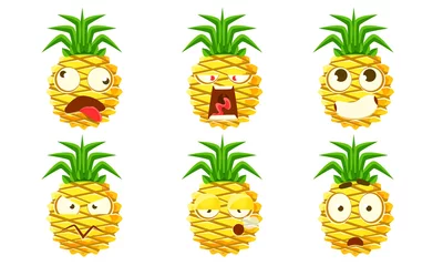 Fotobehang Funny Pineapple Character Set, Cute Tropical Fruit Emojis with Various Facial Expressions Vector Illustration © topvectors