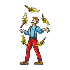 Circus fire juggler performer engraving vector illustration. Scratch board style imitation. Black and white hand drawn image.