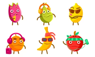 Fotobehang Funny Exotic Fruit Characters Set, Pitahaya, Pear, Lemon, Orange, Banana, Apple Different Activities Vector Illustration © topvectors