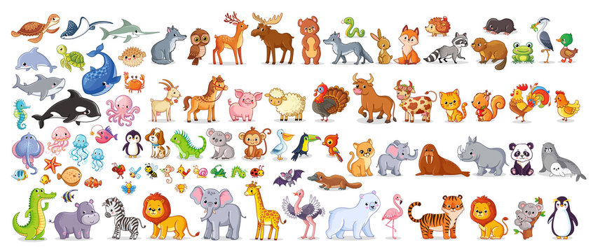 Big vector set with animals in cartoon style. Vector collection