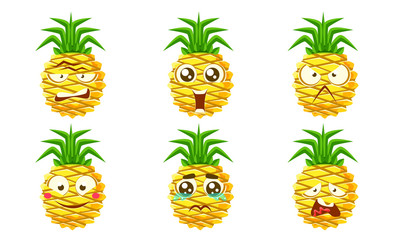 Funny Pineapple Emojis Characters Set, Cute Tropical Fruit with Various Emotions Vector Illustration