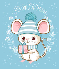 Vector illustration with a mouse that is holding a gift on a Christmas theme.