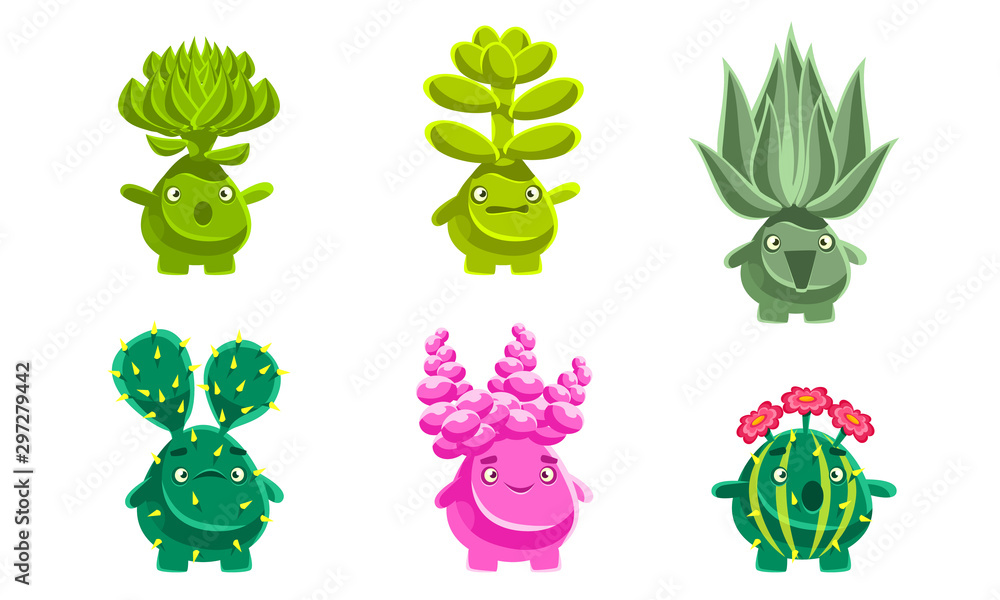 Poster funny plants characters set, fantasy succulents and cactuses with various emotions, mobile or comput