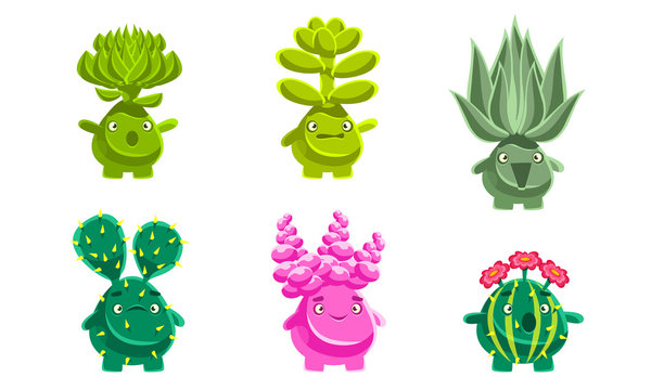Funny Plants Characters Set, Fantasy Succulents and Cactuses with Various Emotions, Mobile or Computer Game User Interface Assets Vector Illustration
