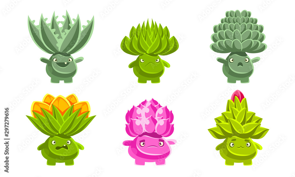 Poster cute funny plants characters set, fantasy succulents and cactuses with various emotions, mobile or c