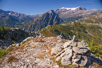 Fototapeta na wymiar Panoramic view of the valley near the Simplon Pass in Switzerland. In the background, Monte Leone.