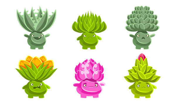 Cute Funny Plants Characters Set, Fantasy Succulents and Cactuses with Various Emotions, Mobile or Computer Game User Interface Assets Vector Illustration