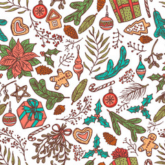 Cotton fabric Christmas seamless vector pattern with festive symbols and icons. Linear doodle sketch illustration and backgorund