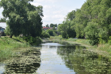 A small river with a calm flow surrounded by trees. Russian landscape. Suzdal, Russia.