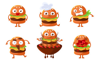 Cute Burger Cartoon Character Set, Funny Fast Food with Various Emotions Vector Illustration