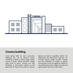 Cinema building. Front view. Dark blue outline drawing.   Template for your text at the bottom on a gray   background.