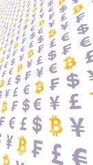 Bitcoin and currency on a white background. Digital crypto currency symbol. Wave effect, currency market fluctuations. Business concept. 3D illustration