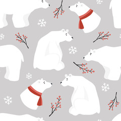 Cute Christmas seamless pattern white polar bears,red scarfs, holly berries and falling snowflakes.Hand drawn kids nordic design. Scandinavian winter vector illustration background.