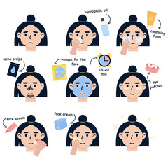 Girl take care about her face. Step by Step Instruction How To Facial Сare Face. Set of flat vector illustration