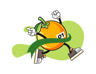 Orange reach the finish line cartoon. Mascot Character vector.