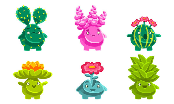 Cute Plants Characters Set, Friendly Fantasy Succulents and Cactuses with Various Emotions, Mobile or Computer Game User Interface Assets Vector Illustration